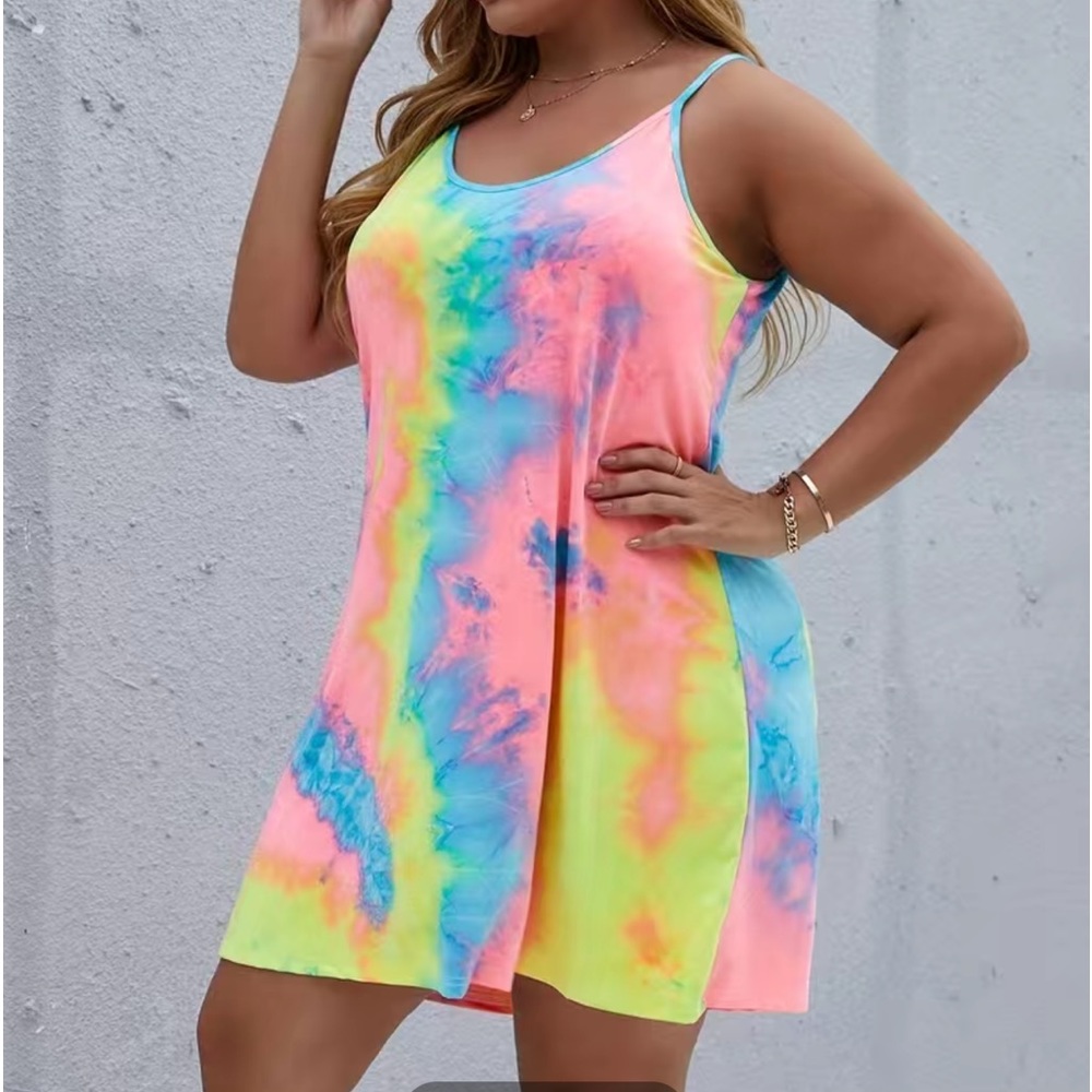 Rainbow Tie Dye Criss Cross Back Medium Stretch Mini Cami Dress 3X